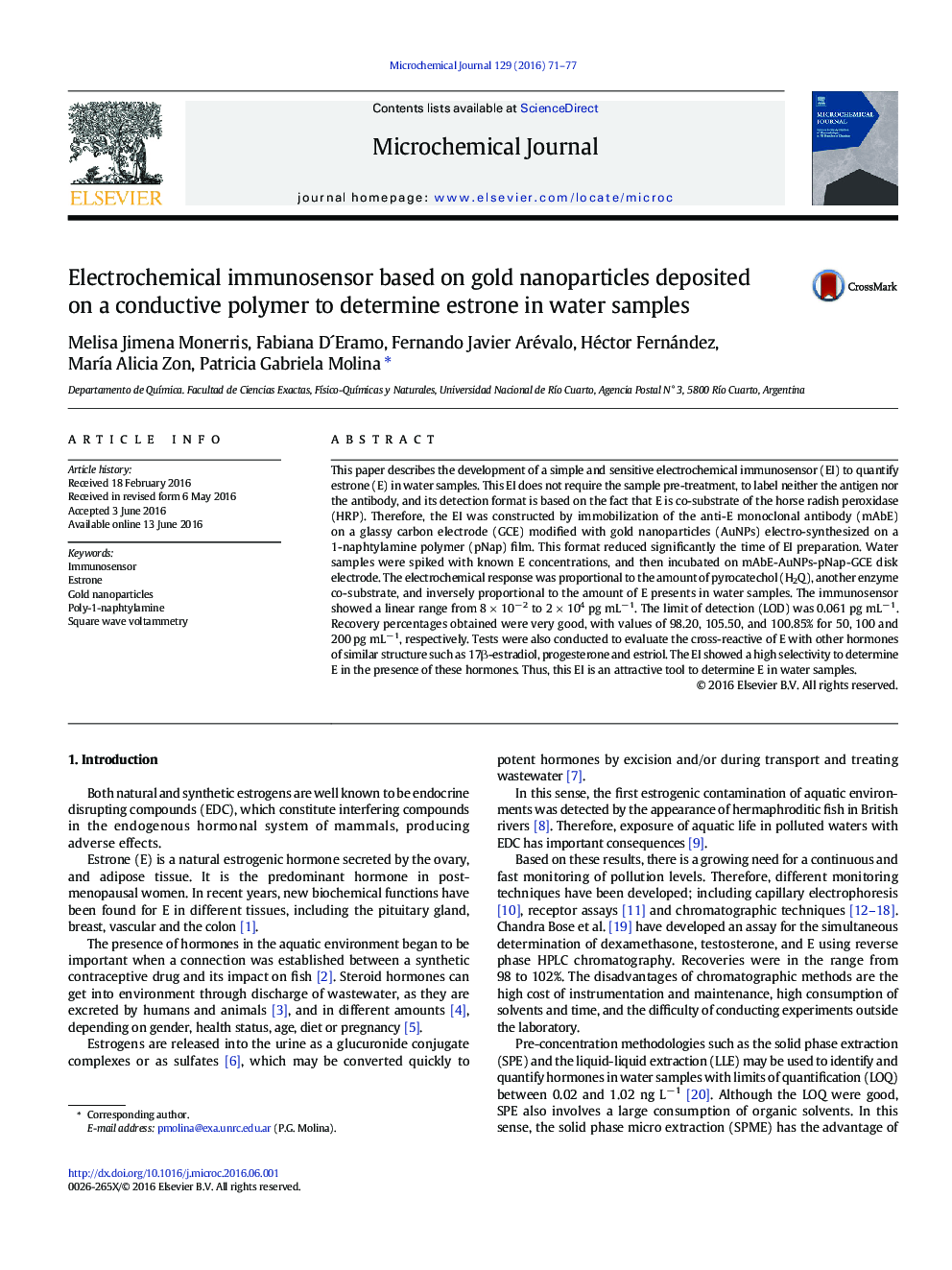 Electrochemical immunosensor based on gold nanoparticles deposited on a conductive polymer to determine estrone in water samples