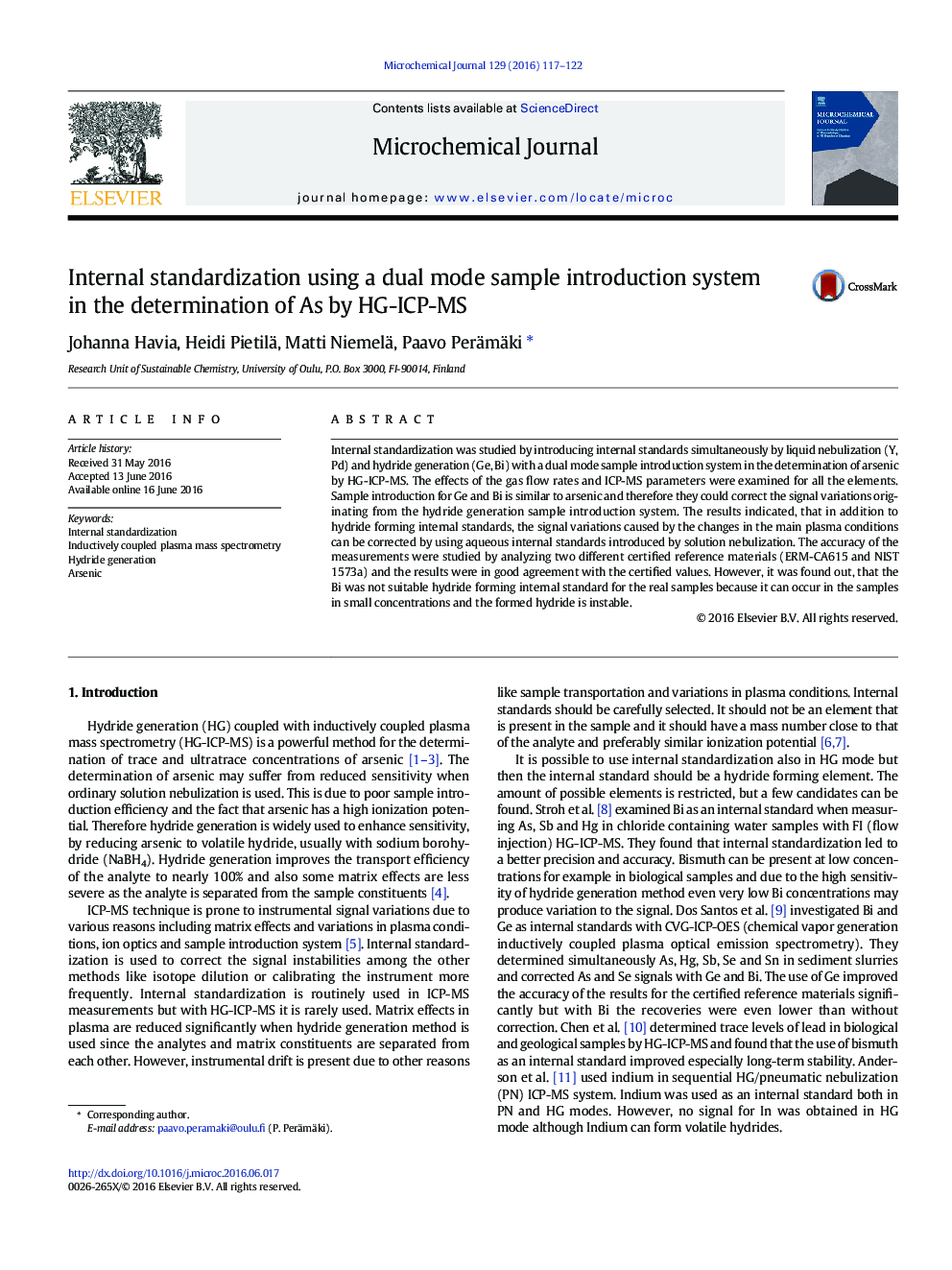 Internal standardization using a dual mode sample introduction system in the determination of As by HG-ICP-MS