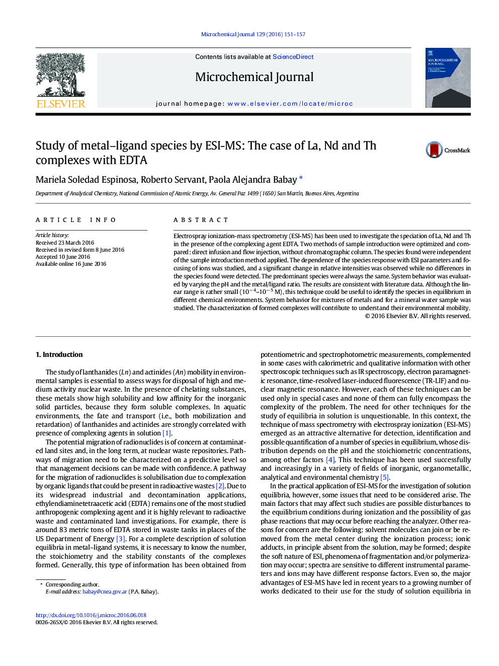 Study of metal-ligand species by ESI-MS: The case of La, Nd and Th complexes with EDTA