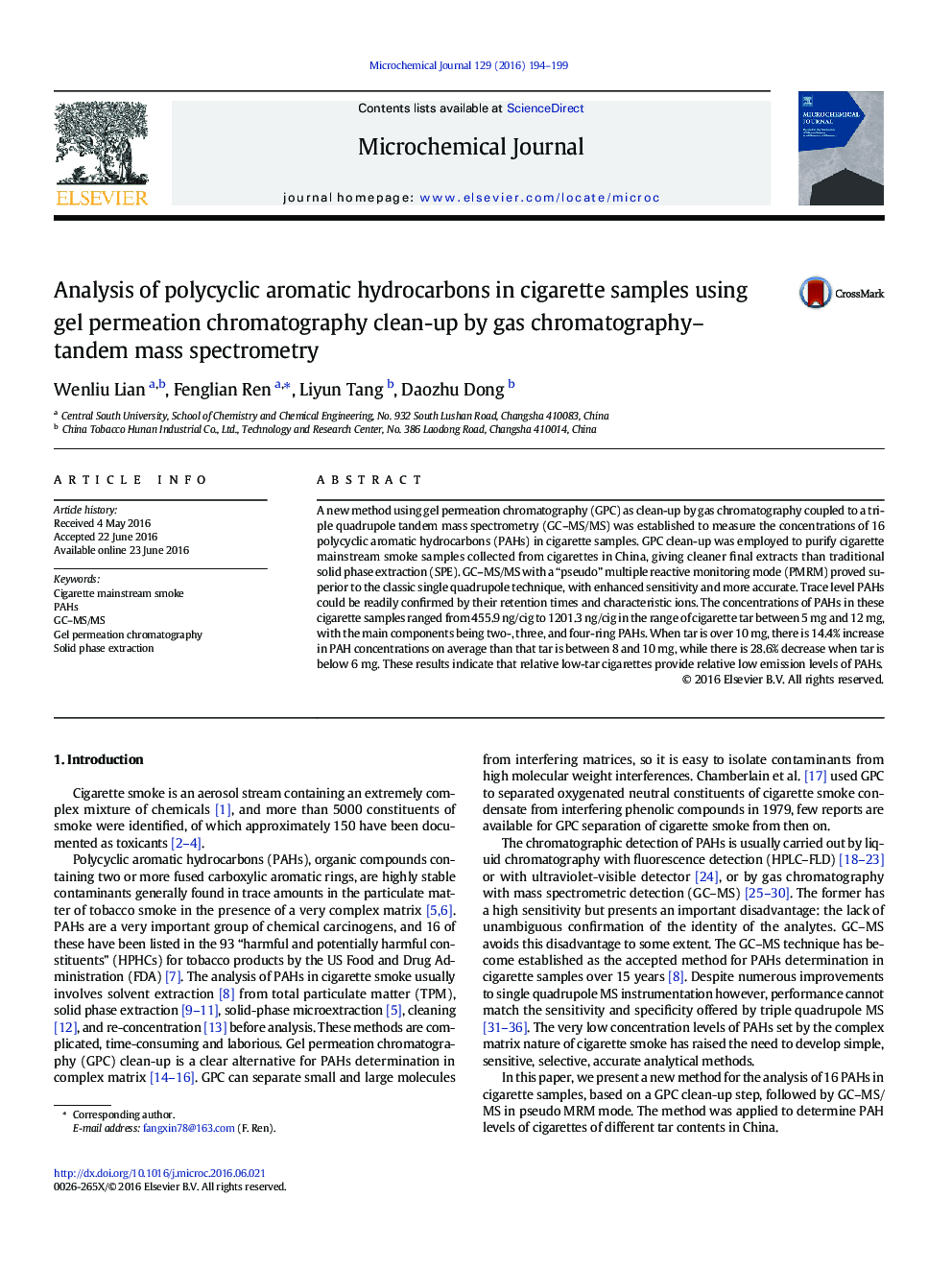 Analysis of polycyclic aromatic hydrocarbons in cigarette samples using gel permeation chromatography clean-up by gas chromatography–tandem mass spectrometry