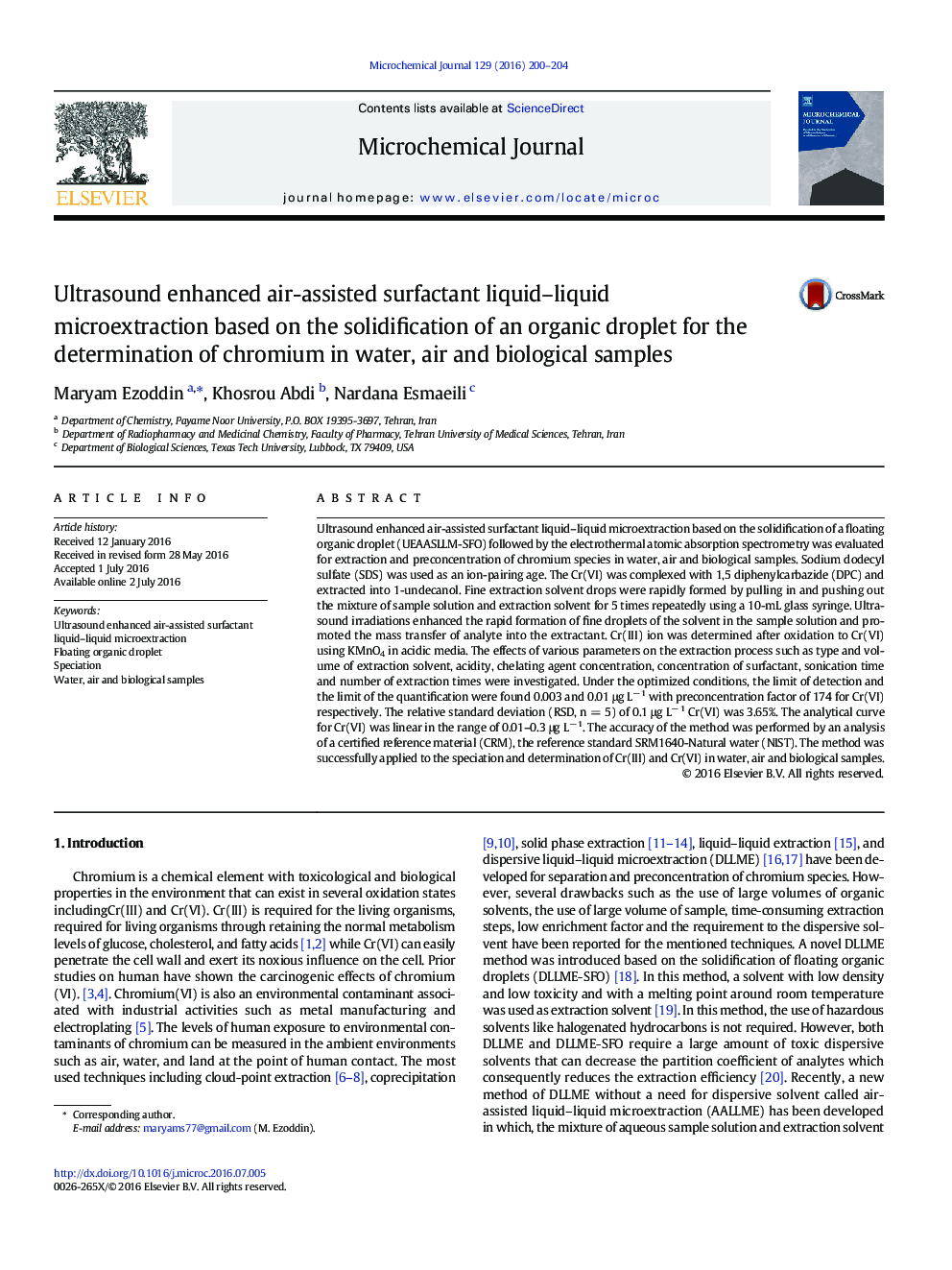 Ultrasound enhanced air-assisted surfactant liquid–liquid microextraction based on the solidification of an organic droplet for the determination of chromium in water, air and biological samples