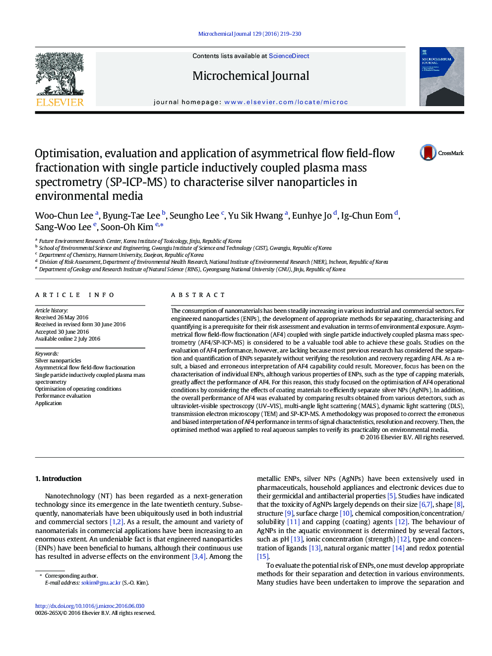 Optimisation, evaluation and application of asymmetrical flow field-flow fractionation with single particle inductively coupled plasma mass spectrometry (SP-ICP-MS) to characterise silver nanoparticles in environmental media
