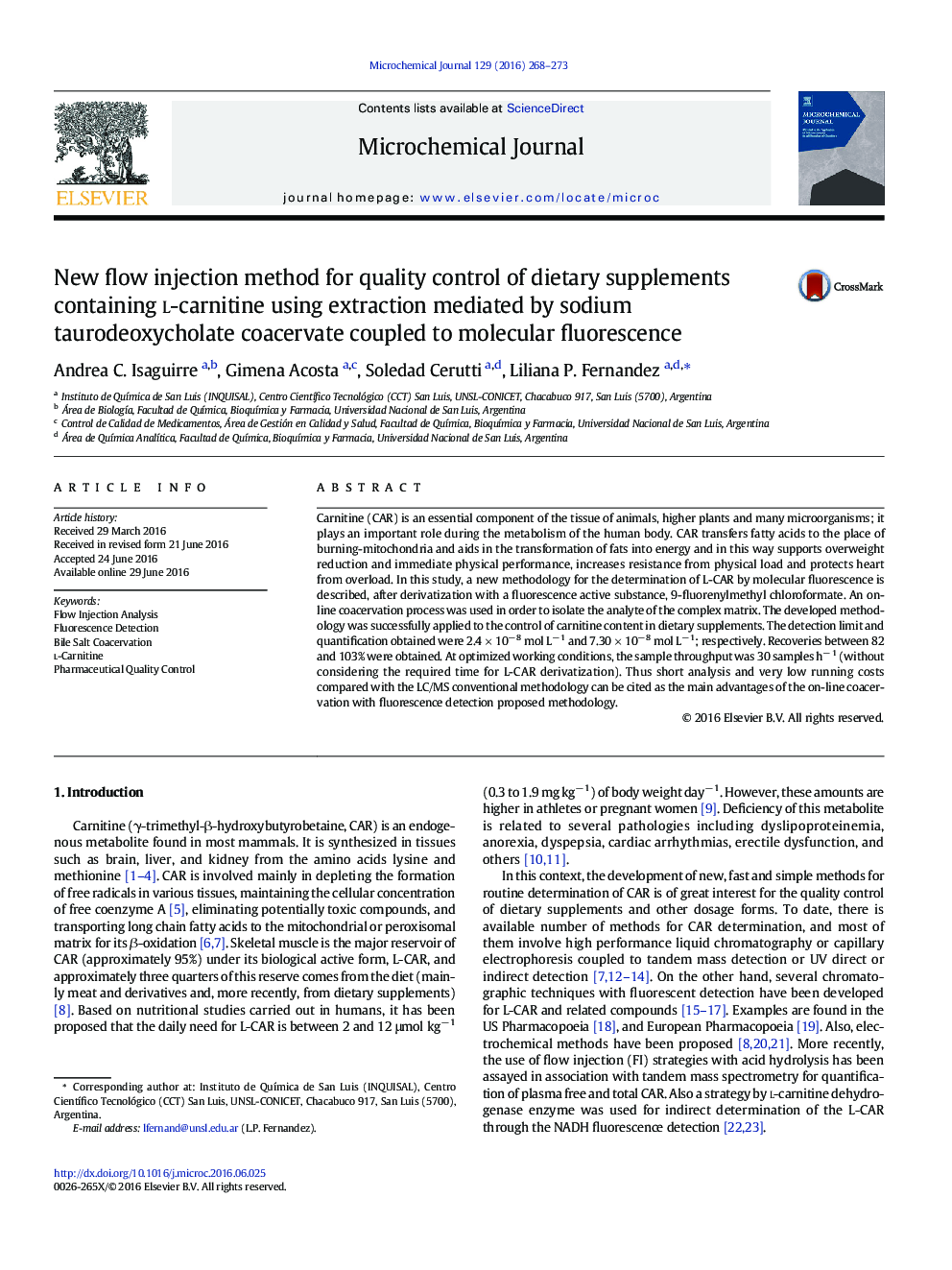 New flow injection method for quality control of dietary supplements containing l-carnitine using extraction mediated by sodium taurodeoxycholate coacervate coupled to molecular fluorescence