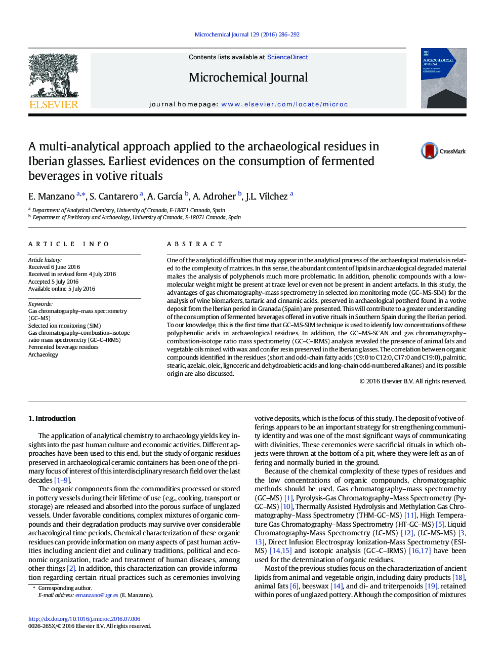 A multi-analytical approach applied to the archaeological residues in Iberian glasses. Earliest evidences on the consumption of fermented beverages in votive rituals