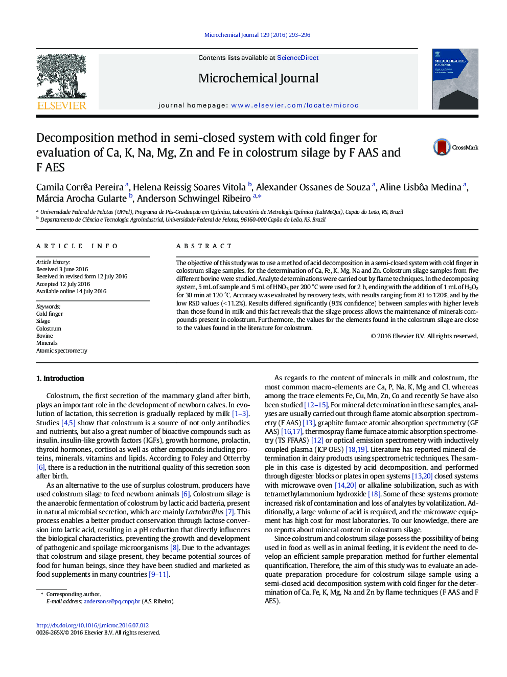 Decomposition method in semi-closed system with cold finger for evaluation of Ca, K, Na, Mg, Zn and Fe in colostrum silage by F AAS and F AES