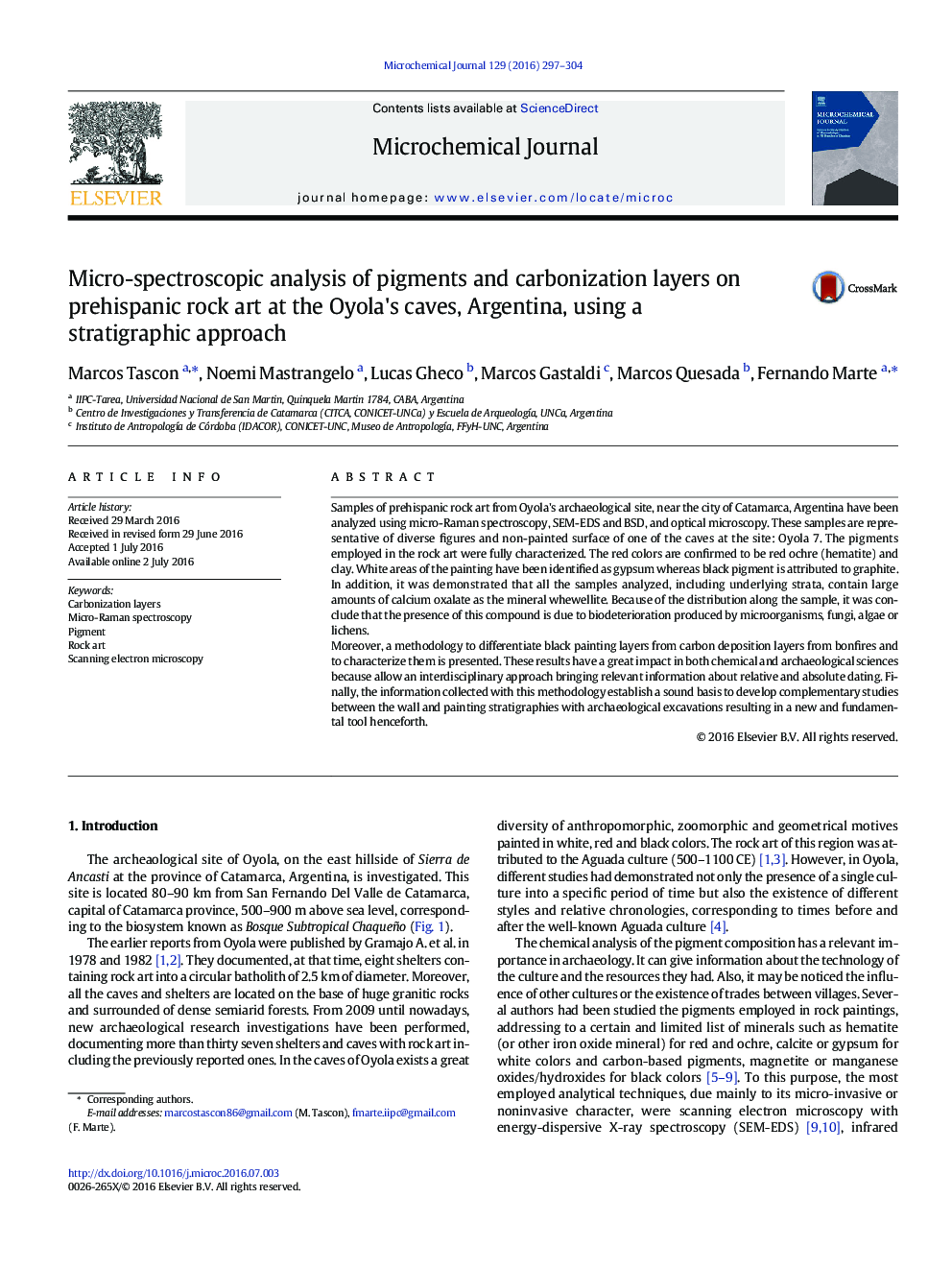 Micro-spectroscopic analysis of pigments and carbonization layers on prehispanic rock art at the Oyola's caves, Argentina, using a stratigraphic approach