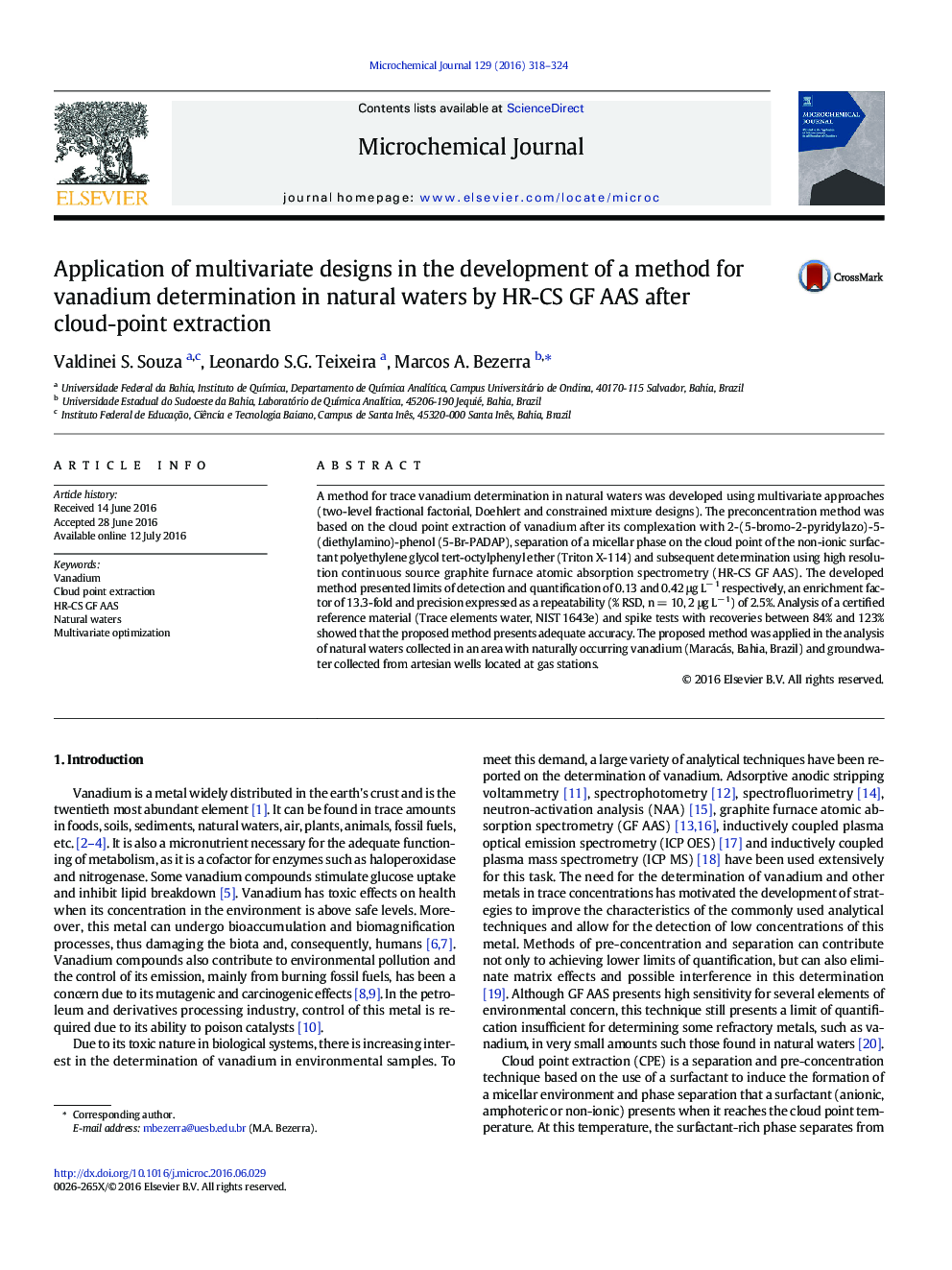 Application of multivariate designs in the development of a method for vanadium determination in natural waters by HR-CS GF AAS after cloud-point extraction