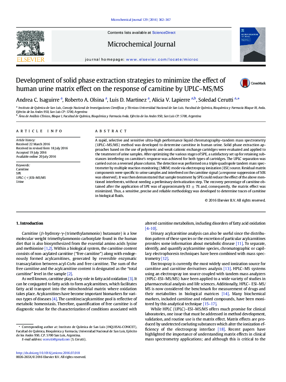 Development of solid phase extraction strategies to minimize the effect of human urine matrix effect on the response of carnitine by UPLC-MS/MS