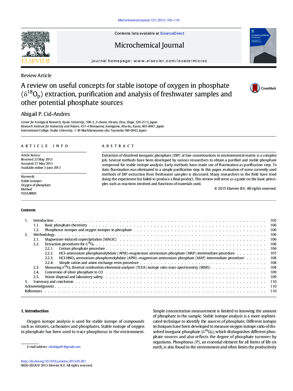 A review on useful concepts for stable isotope of oxygen in phosphate (δ18Op) extraction, purification and analysis of freshwater samples and other potential phosphate sources