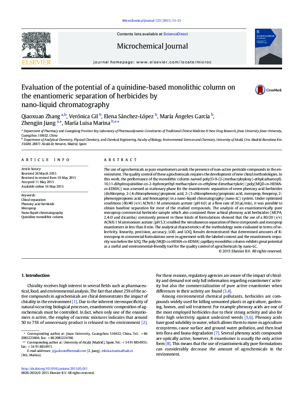 Evaluation of the potential of a quinidine-based monolithic column on the enantiomeric separation of herbicides by nano-liquid chromatography