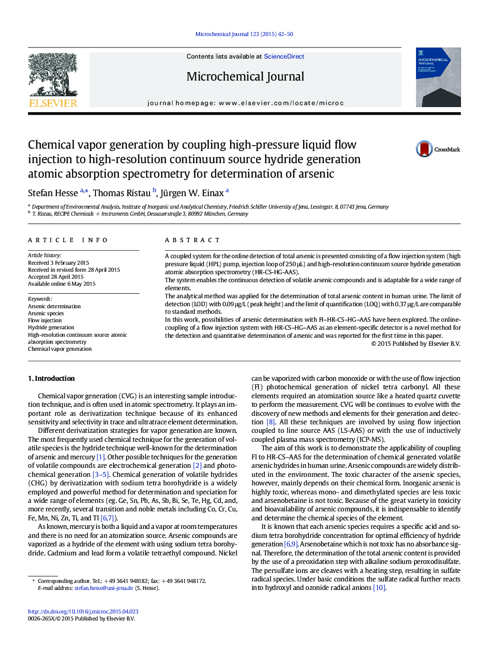 Chemical vapor generation by coupling high-pressure liquid flow injection to high-resolution continuum source hydride generation atomic absorption spectrometry for determination of arsenic