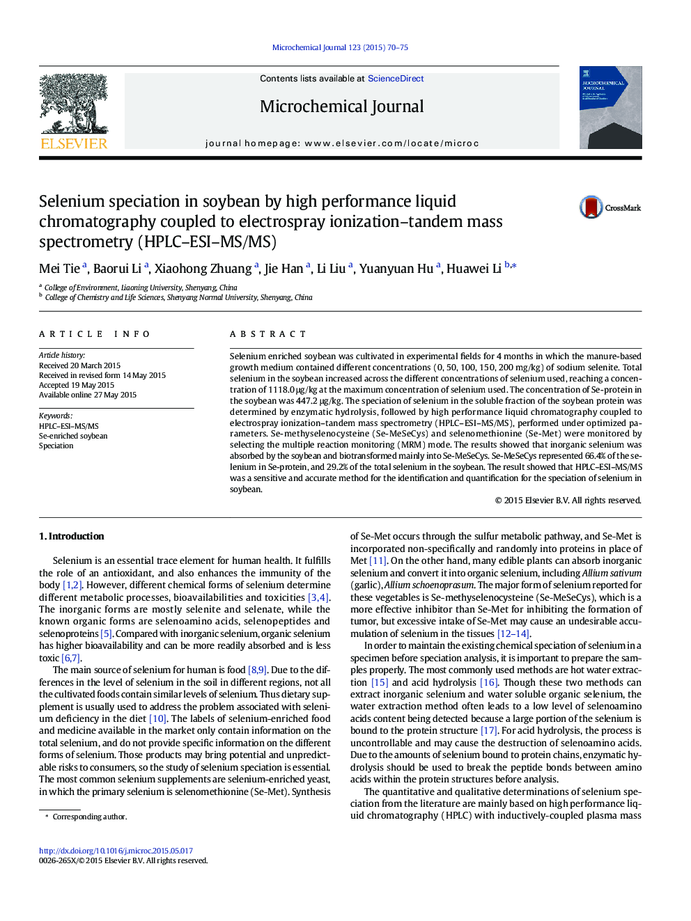 Selenium speciation in soybean by high performance liquid chromatography coupled to electrospray ionization–tandem mass spectrometry (HPLC–ESI–MS/MS)