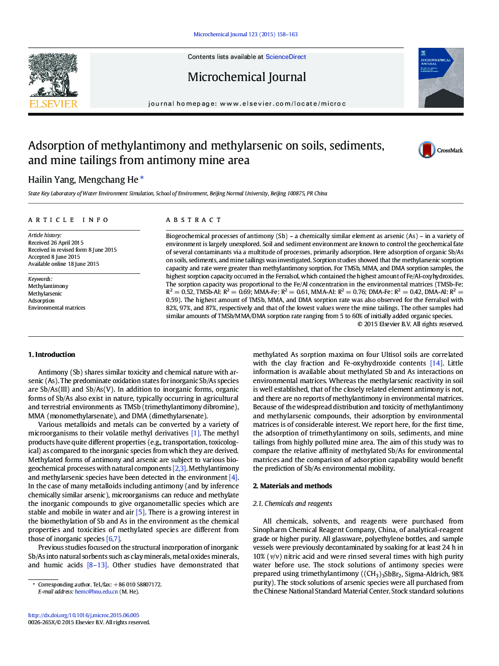 Adsorption of methylantimony and methylarsenic on soils, sediments, and mine tailings from antimony mine area