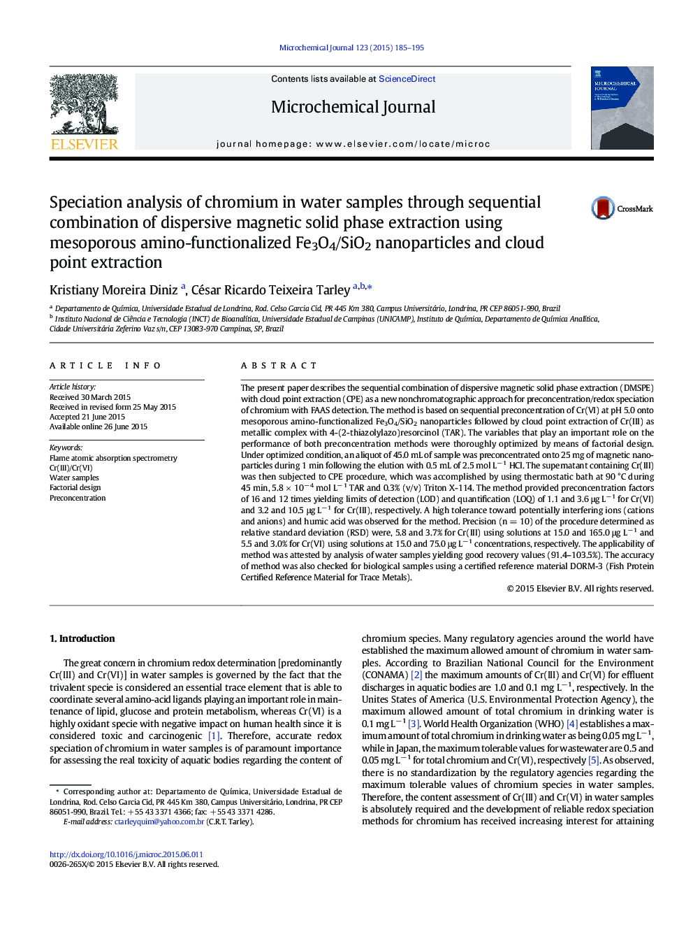 Speciation analysis of chromium in water samples through sequential combination of dispersive magnetic solid phase extraction using mesoporous amino-functionalized Fe3O4/SiO2 nanoparticles and cloud point extraction