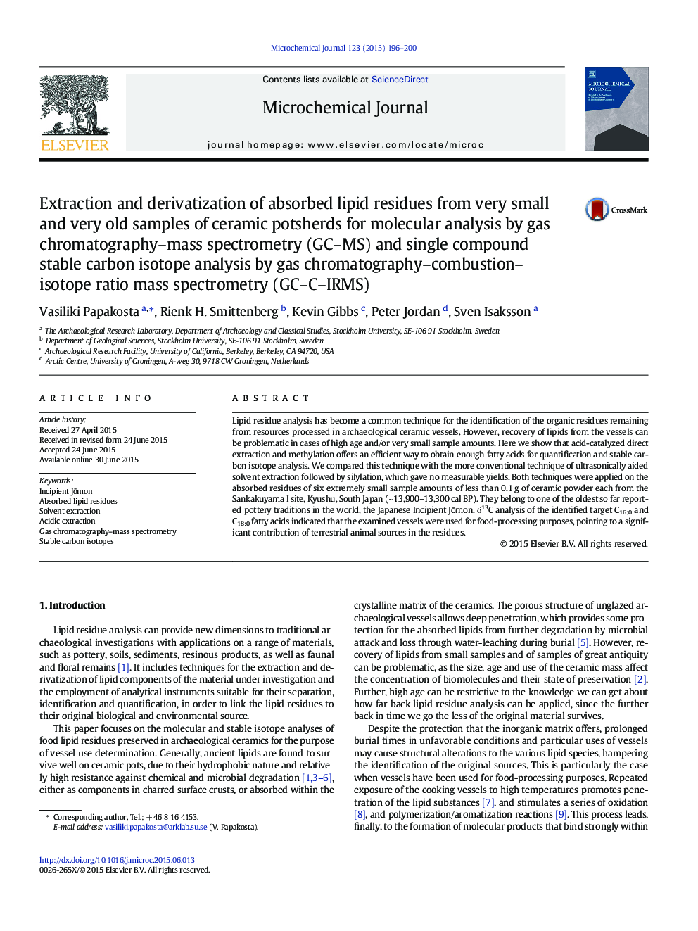 Extraction and derivatization of absorbed lipid residues from very small and very old samples of ceramic potsherds for molecular analysis by gas chromatography–mass spectrometry (GC–MS) and single compound stable carbon isotope analysis by gas chromatogra