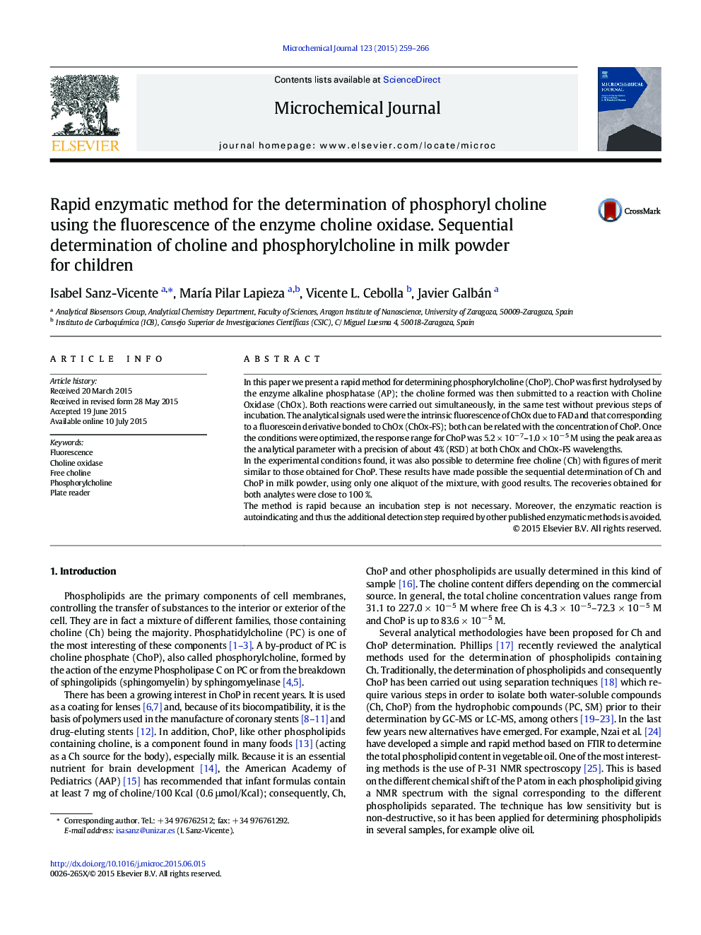 Rapid enzymatic method for the determination of phosphoryl choline using the fluorescence of the enzyme choline oxidase. Sequential determination of choline and phosphorylcholine in milk powder for children