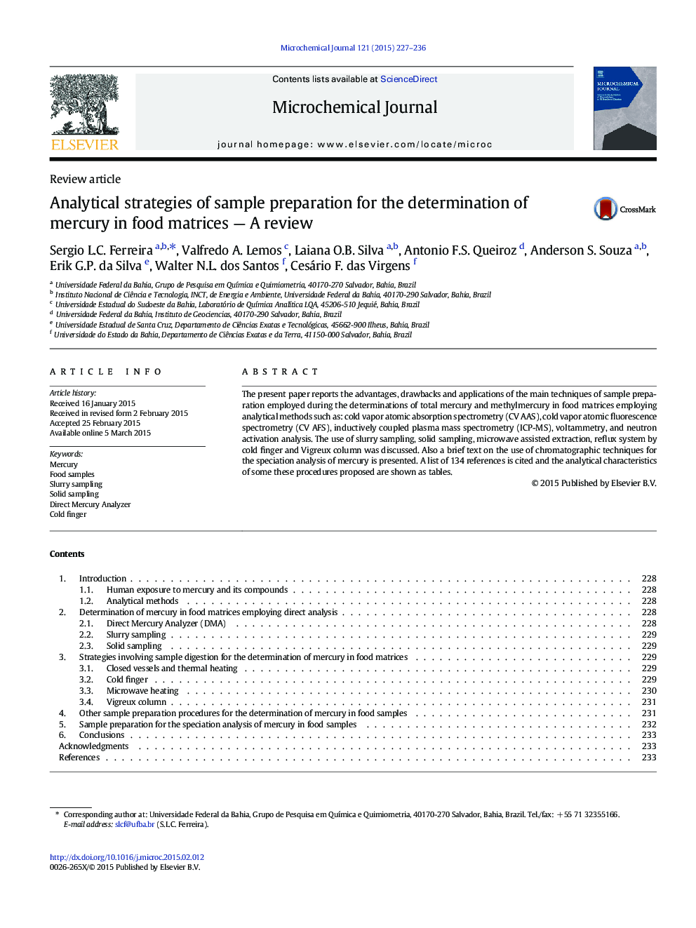 Analytical strategies of sample preparation for the determination of mercury in food matrices — A review