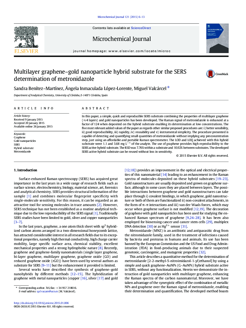 Multilayer graphene–gold nanoparticle hybrid substrate for the SERS determination of metronidazole