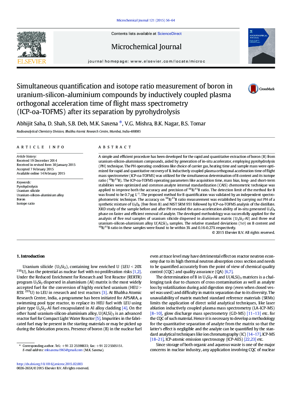 Simultaneous quantification and isotope ratio measurement of boron in uranium-silicon-aluminium compounds by inductively coupled plasma orthogonal acceleration time of flight mass spectrometry (ICP-oa-TOFMS) after its separation by pyrohydrolysis