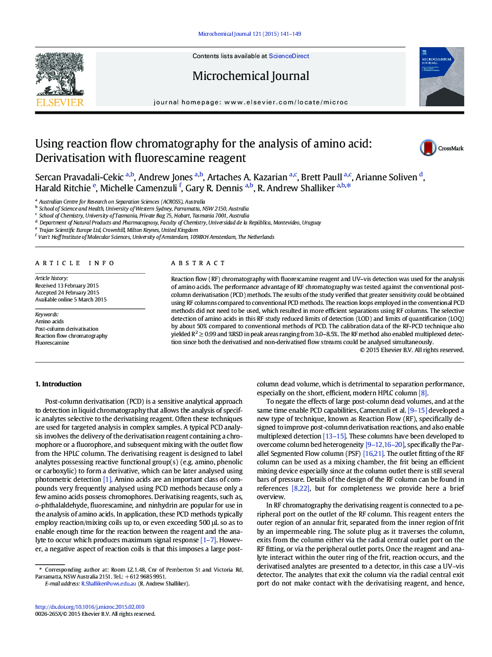 Using reaction flow chromatography for the analysis of amino acid: Derivatisation with fluorescamine reagent