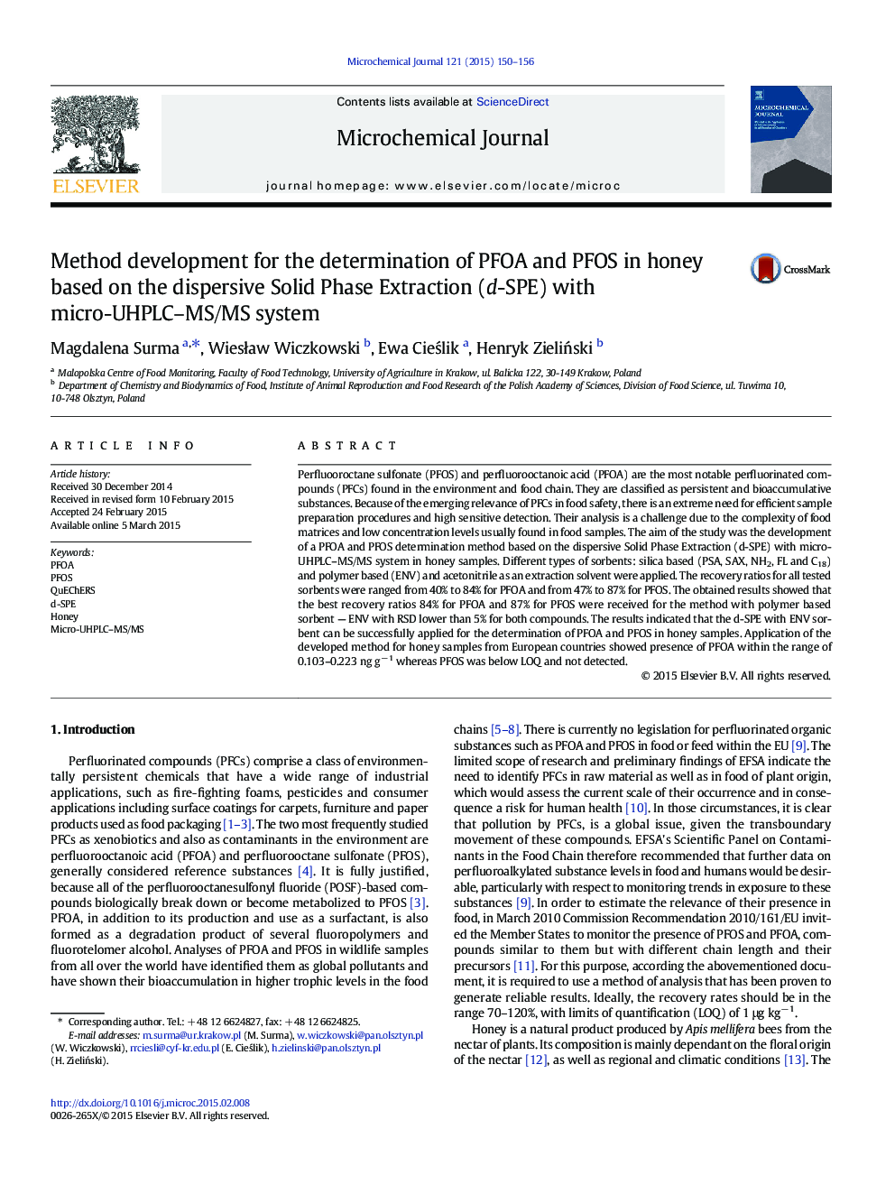 Method development for the determination of PFOA and PFOS in honey based on the dispersive Solid Phase Extraction (d-SPE) with micro-UHPLC–MS/MS system