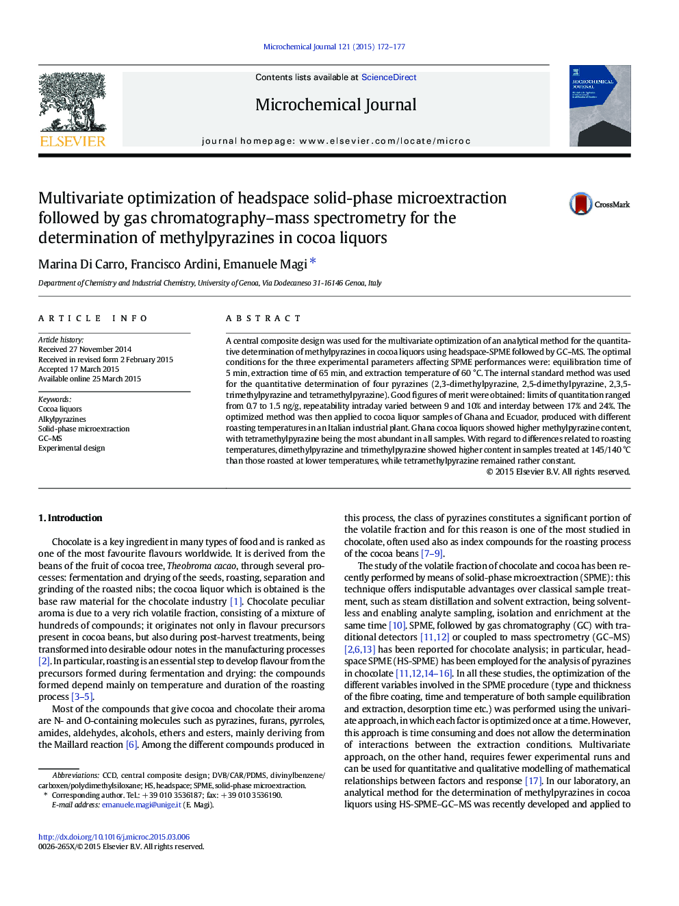 Multivariate optimization of headspace solid-phase microextraction followed by gas chromatography–mass spectrometry for the determination of methylpyrazines in cocoa liquors