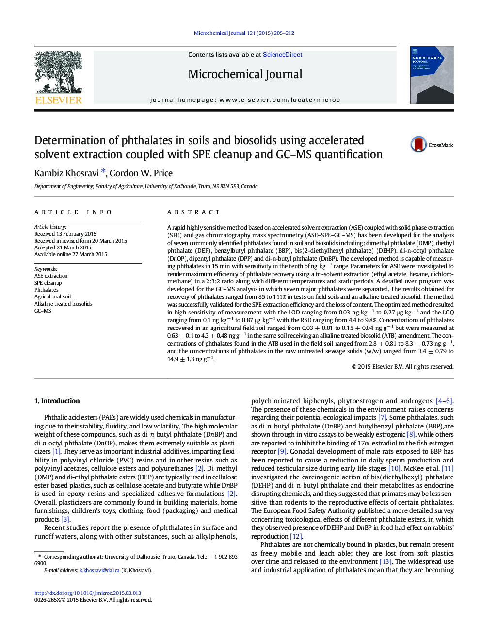 Determination of phthalates in soils and biosolids using accelerated solvent extraction coupled with SPE cleanup and GC–MS quantification