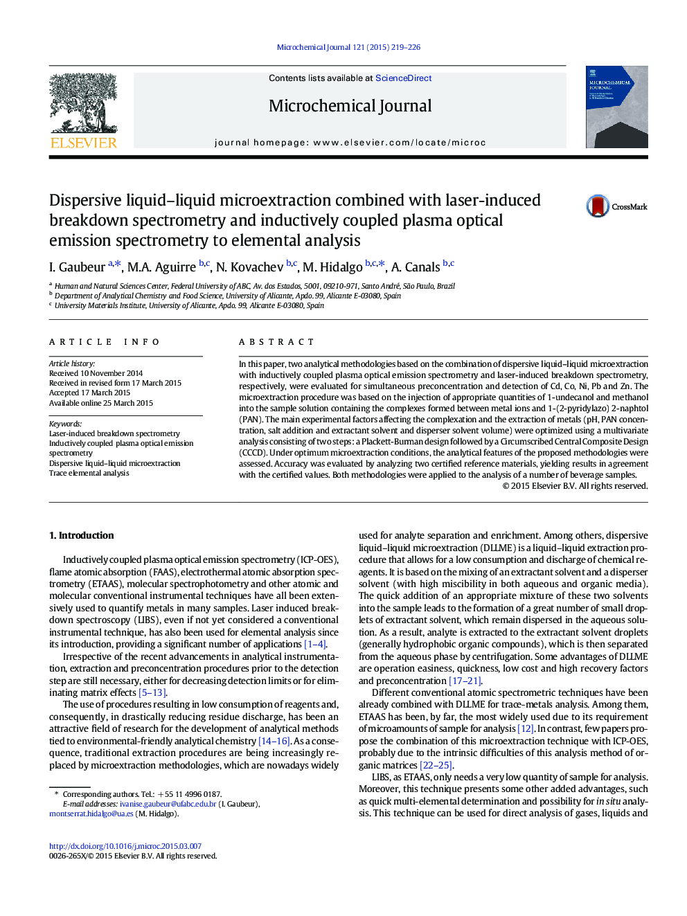 Dispersive liquid–liquid microextraction combined with laser-induced breakdown spectrometry and inductively coupled plasma optical emission spectrometry to elemental analysis