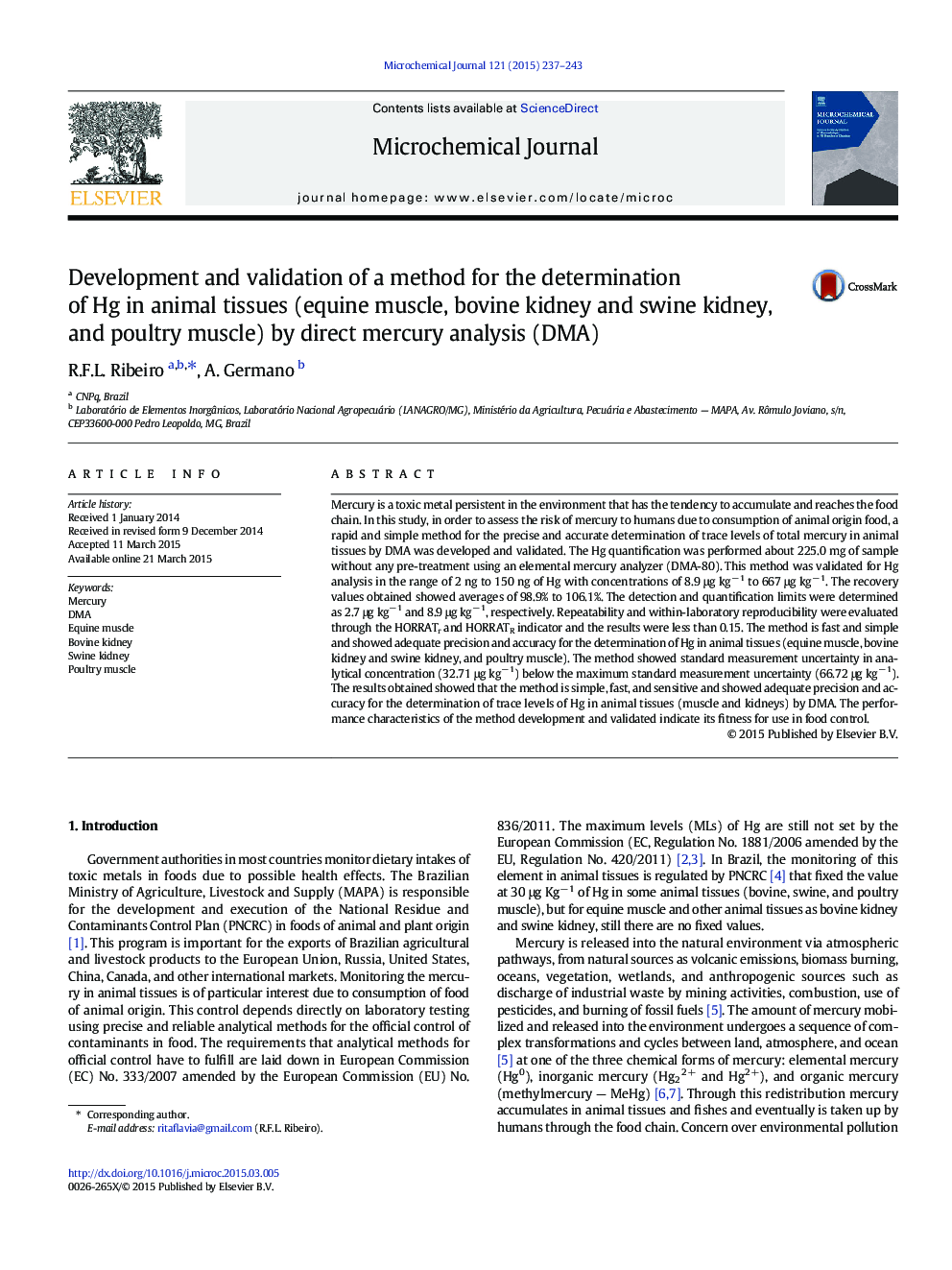 Development and validation of a method for the determination of Hg in animal tissues (equine muscle, bovine kidney and swine kidney, and poultry muscle) by direct mercury analysis (DMA)