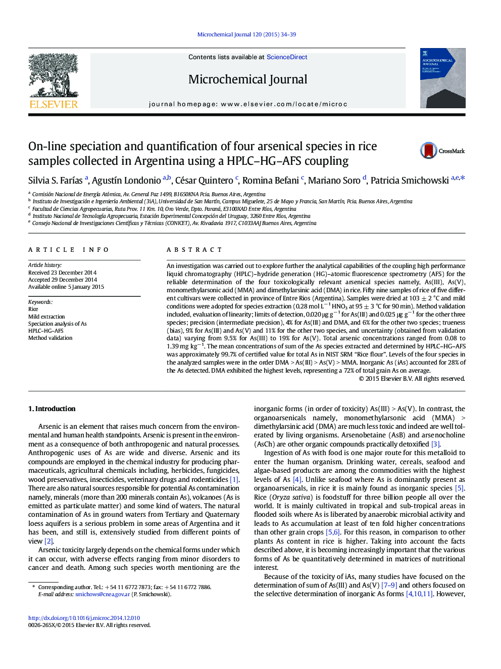 On-line speciation and quantification of four arsenical species in rice samples collected in Argentina using a HPLC–HG–AFS coupling