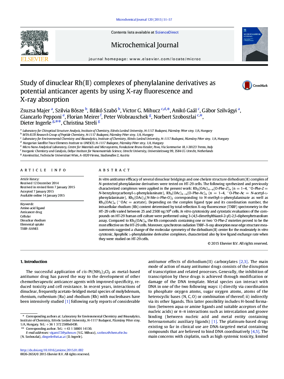 Study of dinuclear Rh(II) complexes of phenylalanine derivatives as potential anticancer agents by using X-ray fluorescence and X-ray absorption