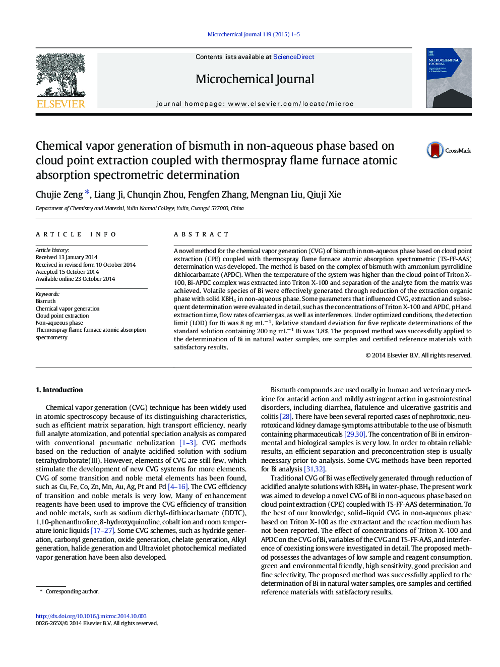 Chemical vapor generation of bismuth in non-aqueous phase based on cloud point extraction coupled with thermospray flame furnace atomic absorption spectrometric determination