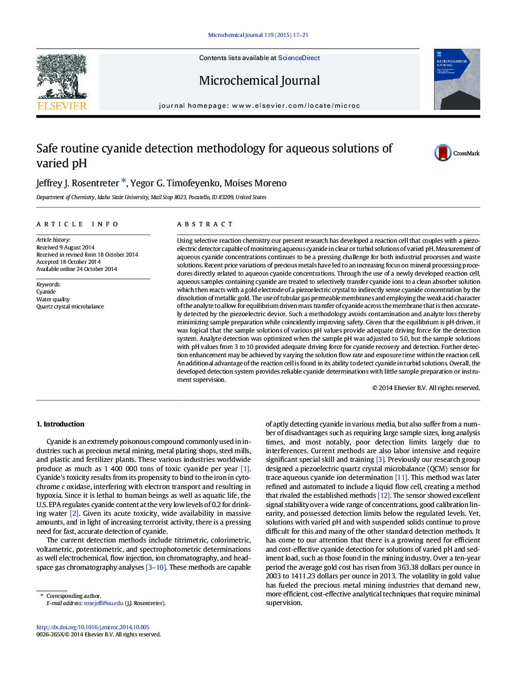 Safe routine cyanide detection methodology for aqueous solutions of varied pH