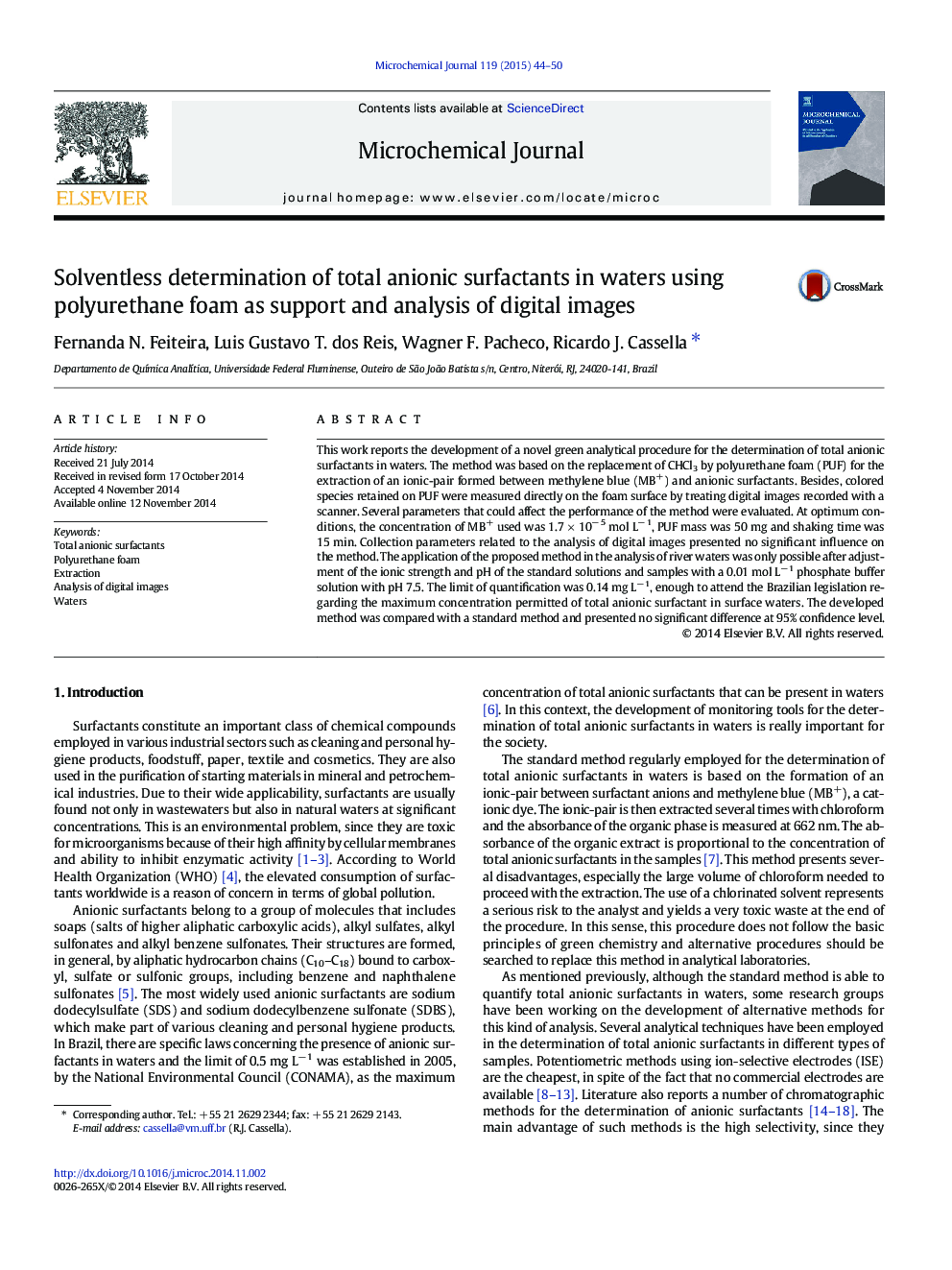 Solventless determination of total anionic surfactants in waters using polyurethane foam as support and analysis of digital images