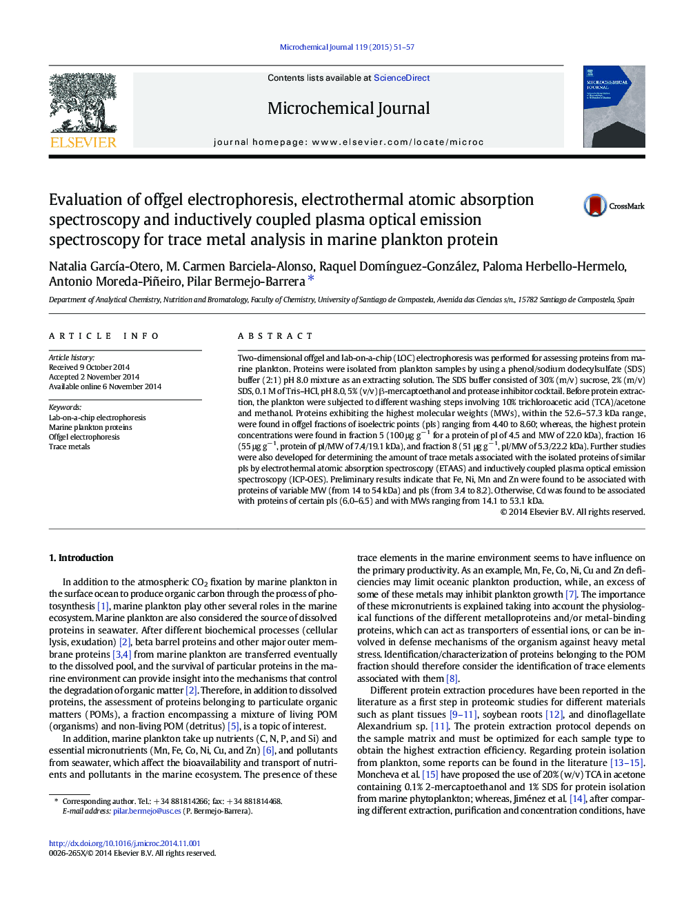 Evaluation of offgel electrophoresis, electrothermal atomic absorption spectroscopy and inductively coupled plasma optical emission spectroscopy for trace metal analysis in marine plankton protein