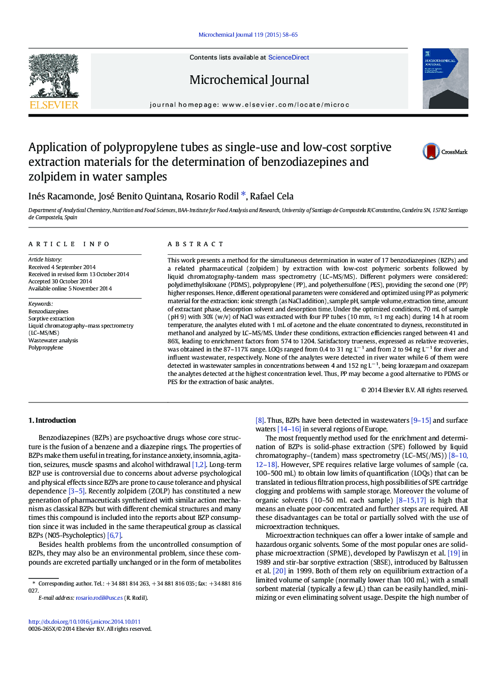 Application of polypropylene tubes as single-use and low-cost sorptive extraction materials for the determination of benzodiazepines and zolpidem in water samples