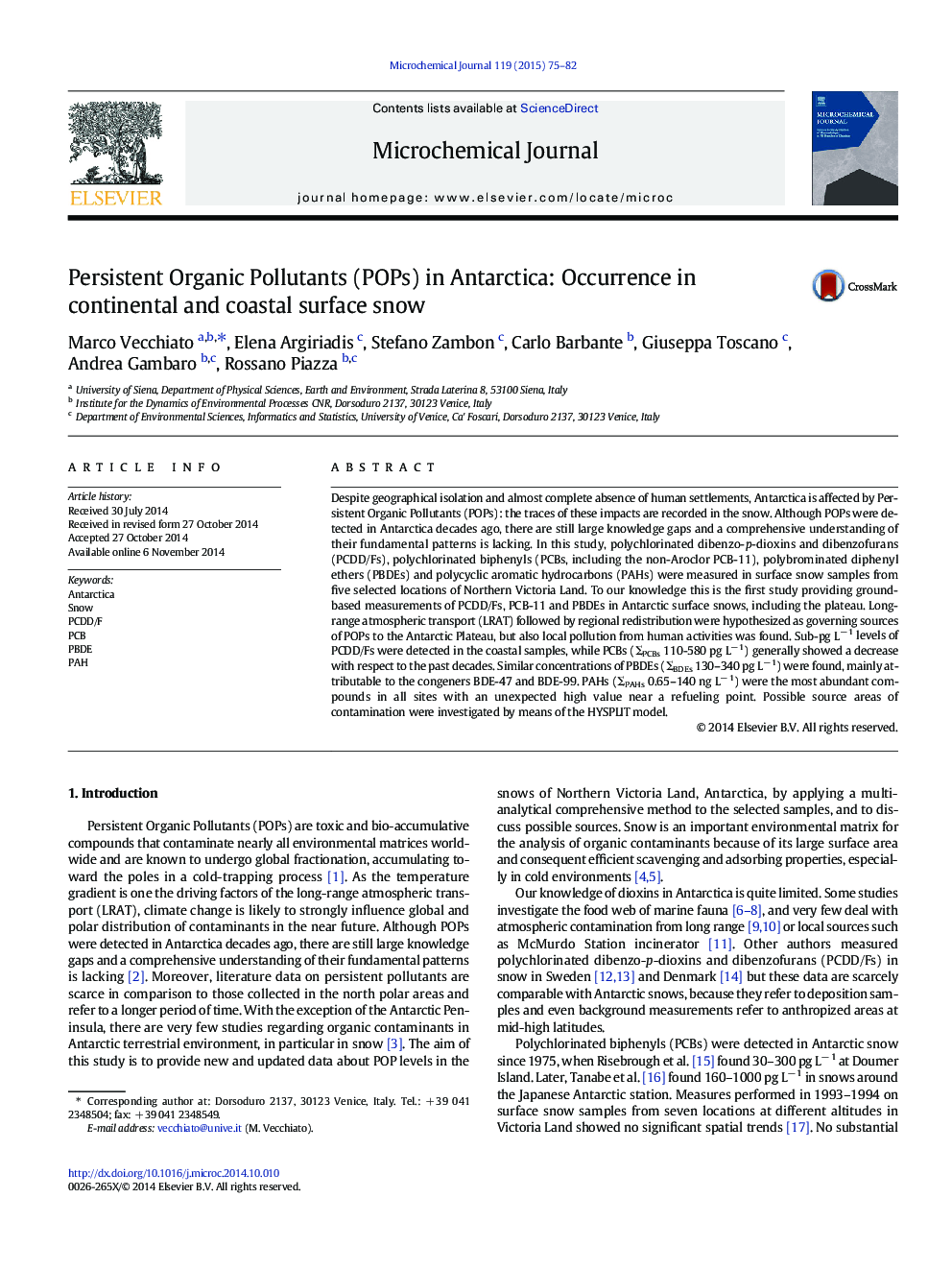 Persistent Organic Pollutants (POPs) in Antarctica: Occurrence in continental and coastal surface snow