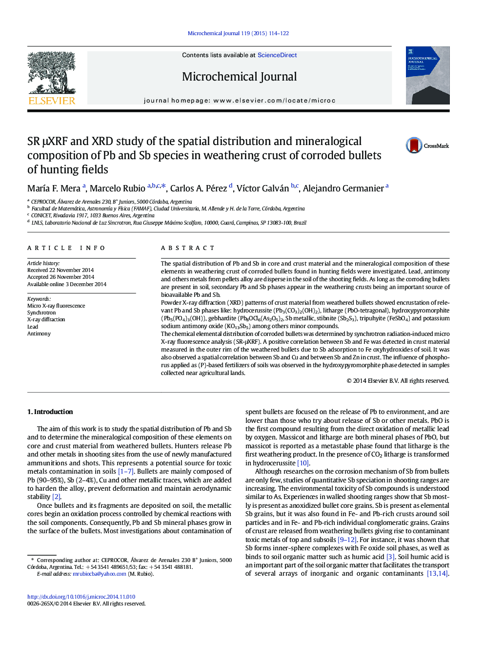 SR μXRF and XRD study of the spatial distribution and mineralogical composition of Pb and Sb species in weathering crust of corroded bullets of hunting fields