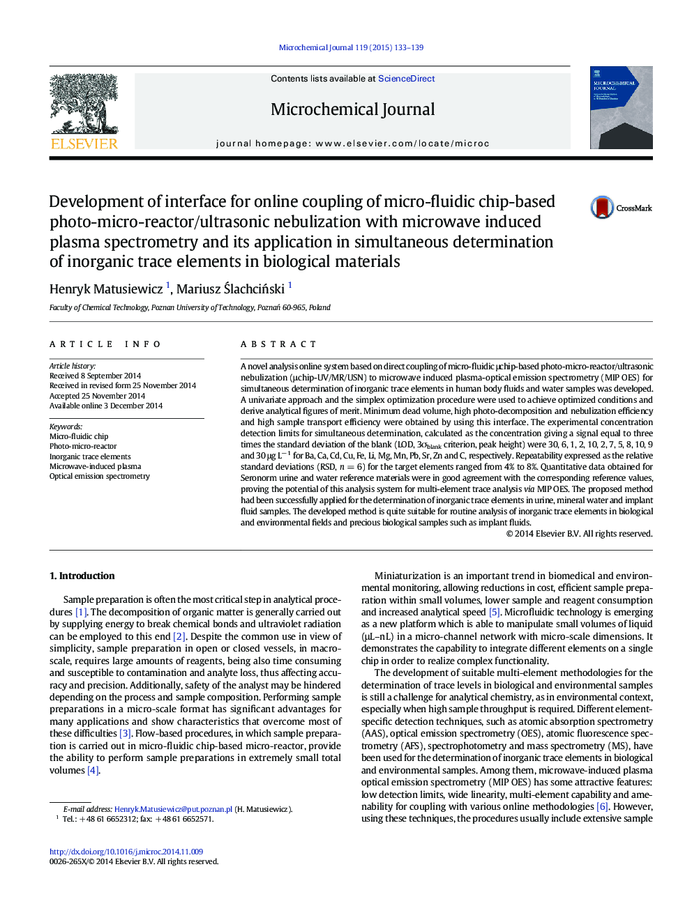 Development of interface for online coupling of micro-fluidic chip-based photo-micro-reactor/ultrasonic nebulization with microwave induced plasma spectrometry and its application in simultaneous determination of inorganic trace elements in biological mat