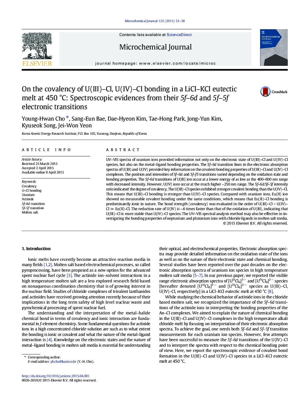 On the covalency of U(III)–Cl, U(IV)–Cl bonding in a LiCl–KCl eutectic melt at 450 °C: Spectroscopic evidences from their 5f–6d and 5f–5f electronic transitions