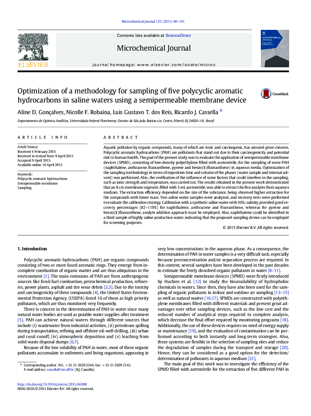 Optimization of a methodology for sampling of five polycyclic aromatic hydrocarbons in saline waters using a semipermeable membrane device