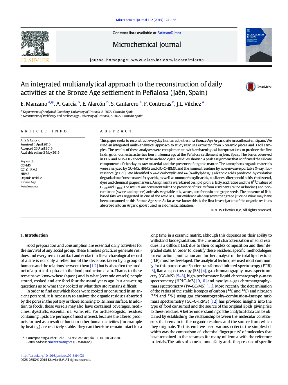 An integrated multianalytical approach to the reconstruction of daily activities at the Bronze Age settlement in Peñalosa (Jaén, Spain)