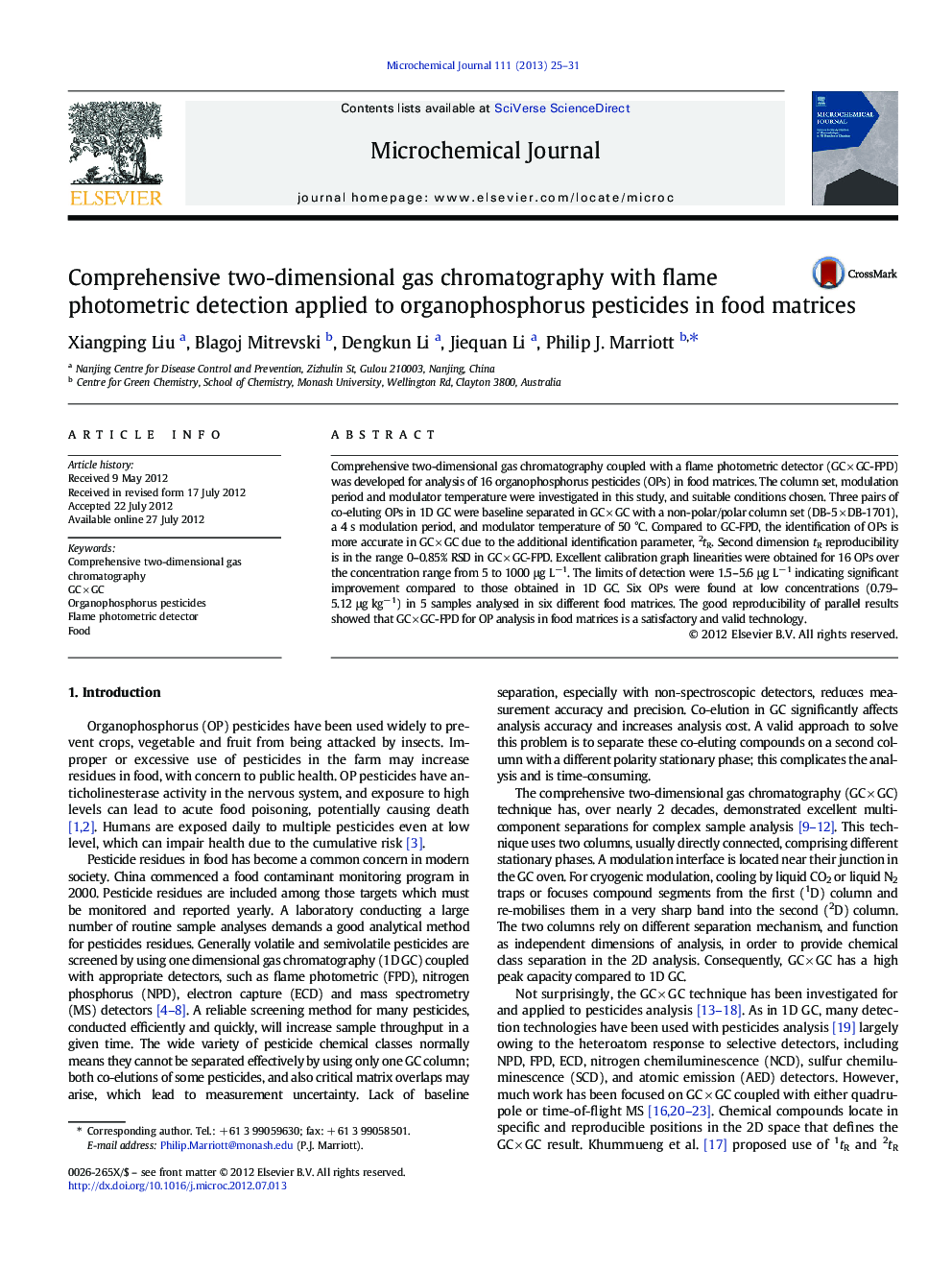 Comprehensive two-dimensional gas chromatography with flame photometric detection applied to organophosphorus pesticides in food matrices