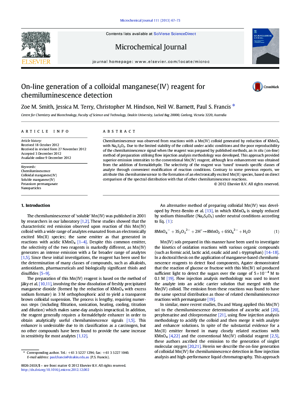 On-line generation of a colloidal manganese(IV) reagent for chemiluminescence detection