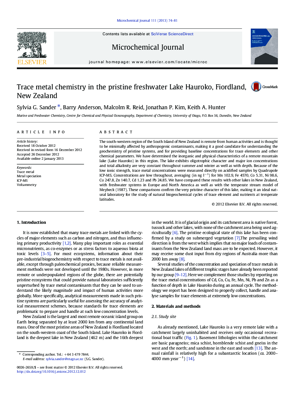 Trace metal chemistry in the pristine freshwater Lake Hauroko, Fiordland, New Zealand