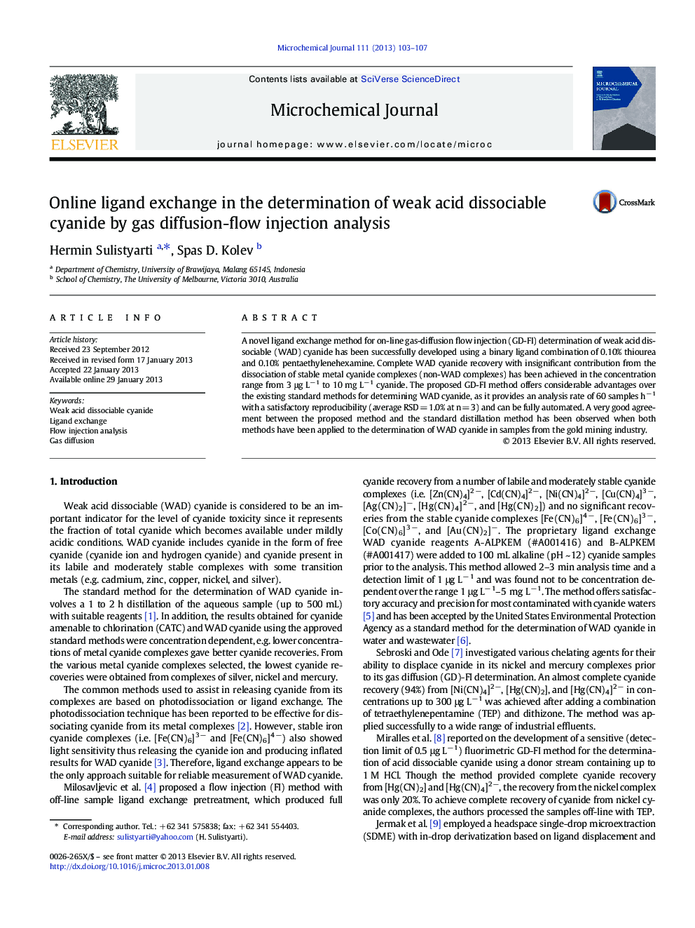 Online ligand exchange in the determination of weak acid dissociable cyanide by gas diffusion-flow injection analysis