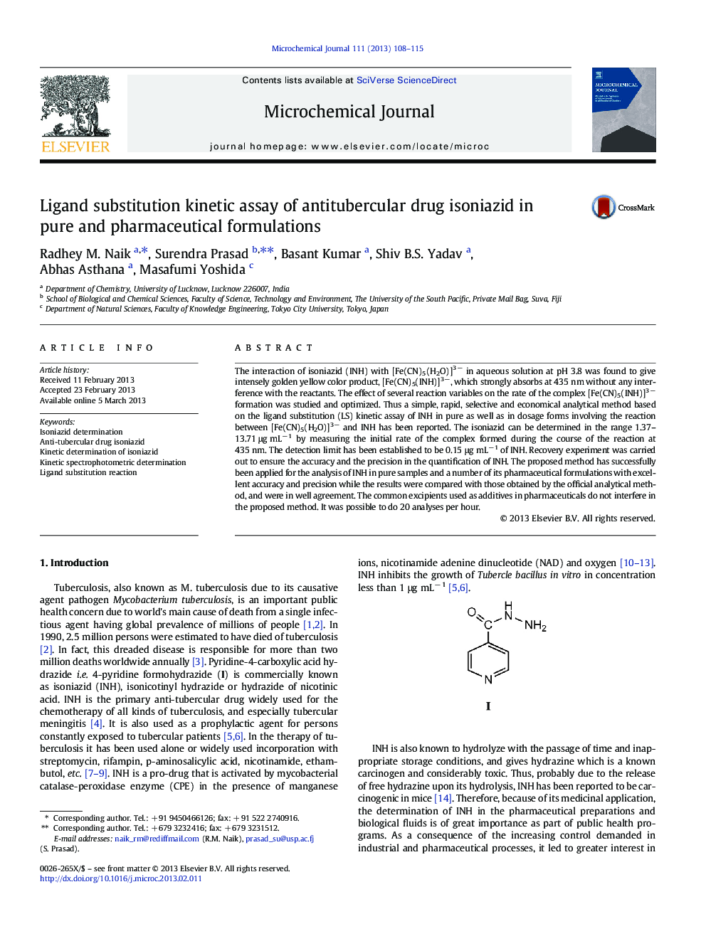 Ligand substitution kinetic assay of antitubercular drug isoniazid in pure and pharmaceutical formulations