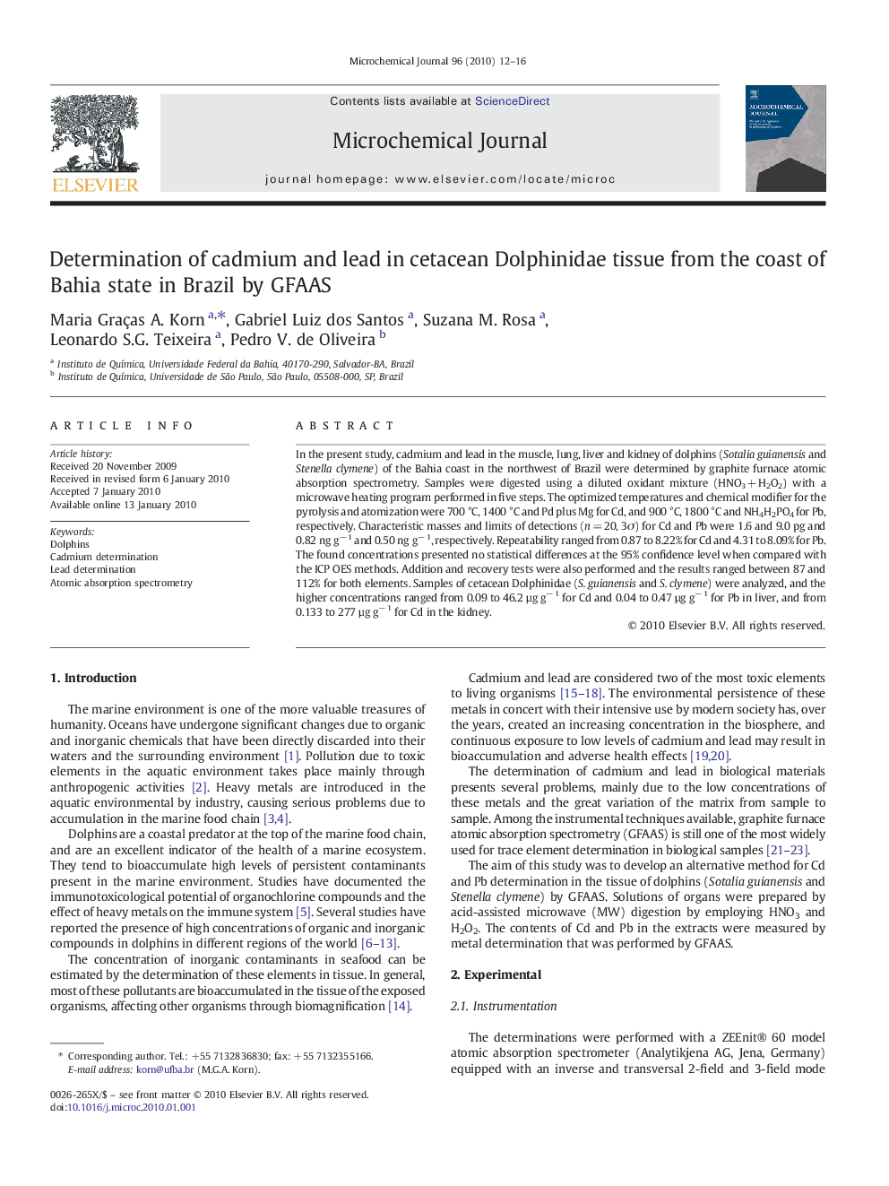 Determination of cadmium and lead in cetacean Dolphinidae tissue from the coast of Bahia state in Brazil by GFAAS