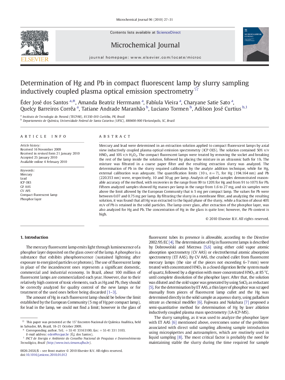 Determination of Hg and Pb in compact fluorescent lamp by slurry sampling inductively coupled plasma optical emission spectrometry 