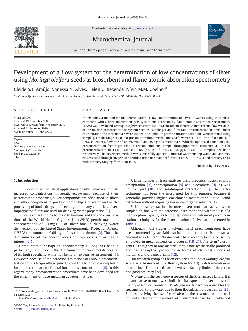 Development of a flow system for the determination of low concentrations of silver using Moringa oleifera seeds as biosorbent and flame atomic absorption spectrometry